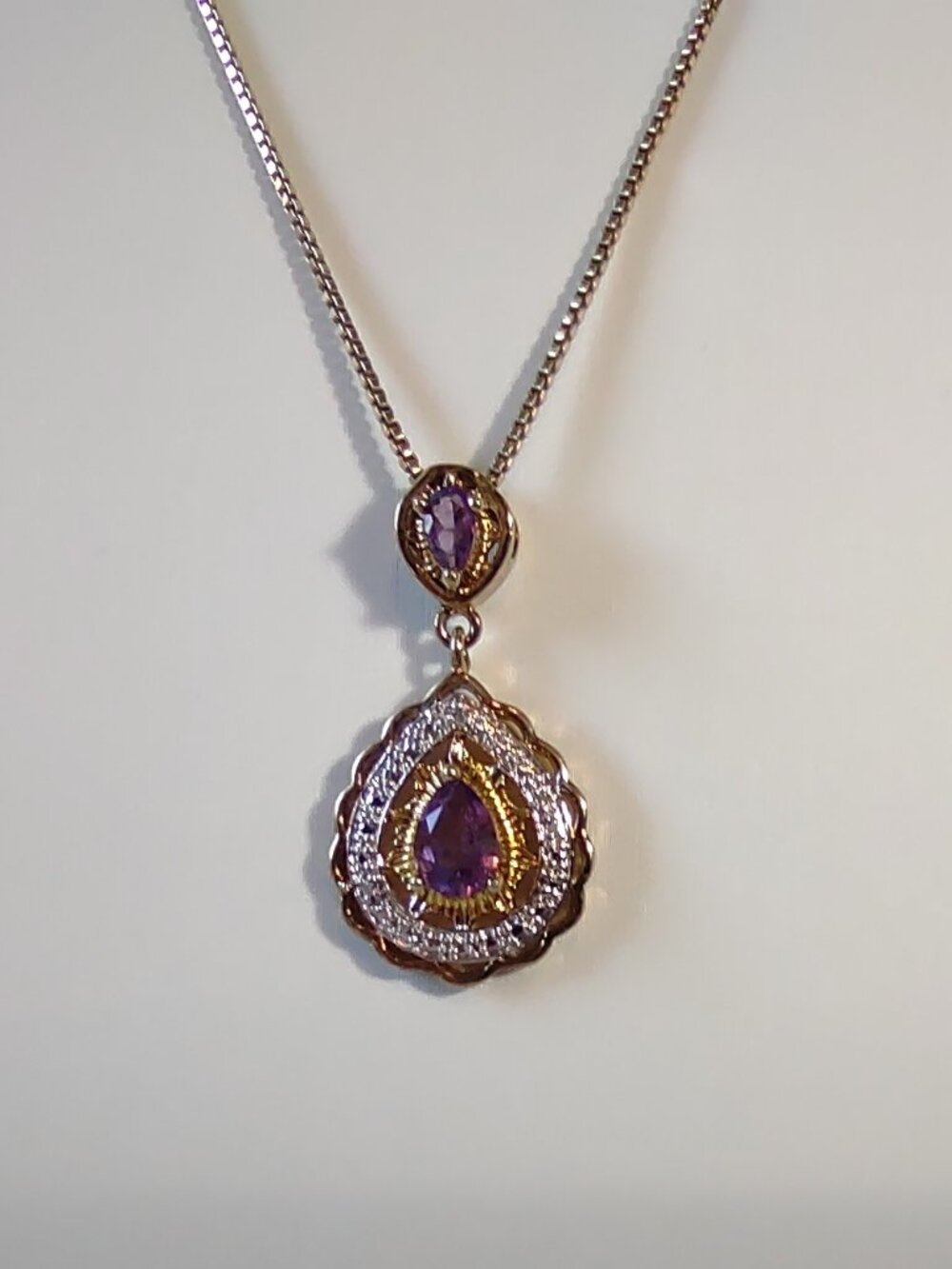 Necklace-2 Amethyst Stones Pendant- + 17.5" Box Chain - Sterling Silver 925 - Picture 8 of 14